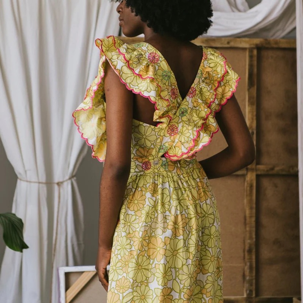 CeliaB Yellow Floral Embroidered Midi Dress with Pink Trim - Picture 10 of 10